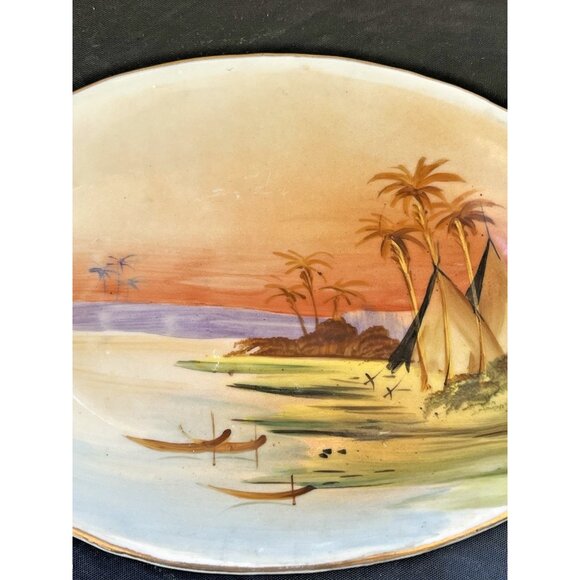 Vintage Noritake? Hand painted Oval Dish Made in Japan Seaside Scenery Trinket - Picture 6 of 7